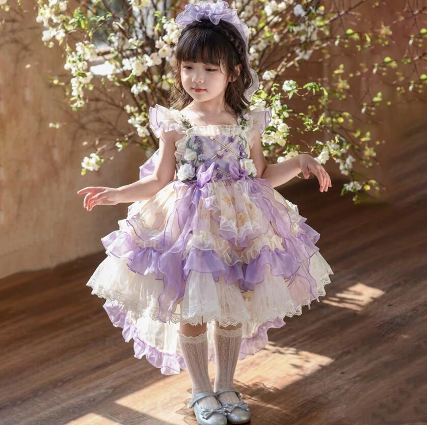 女の子 ロリータワンピース トレーン 可愛い 花飾り付き プリンセスドレス 子供 ロリータ服 重ね重ね ティアードドレス 背中リボン付き 女の子 仙女 精霊 コスプレ衣装 お誕生日 プレゼント