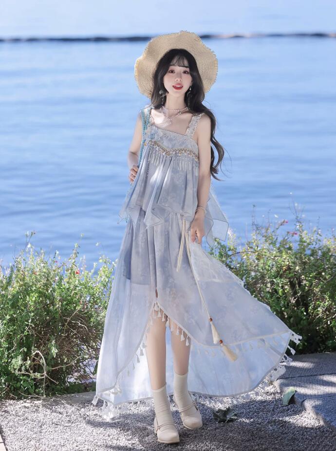 漢風 大時代 ロリータ服 上下書き割り 袖なし キャミソール御召しもの 不規則裾 ロング丈スコート 好いたらしい ロリータ御召しもの うしろ帯高校生 コスプレ御召しもの lolita ハロウィン 翰林院祭 文明祭 余興 コスプレ 御召しもの 仮面舞踏会