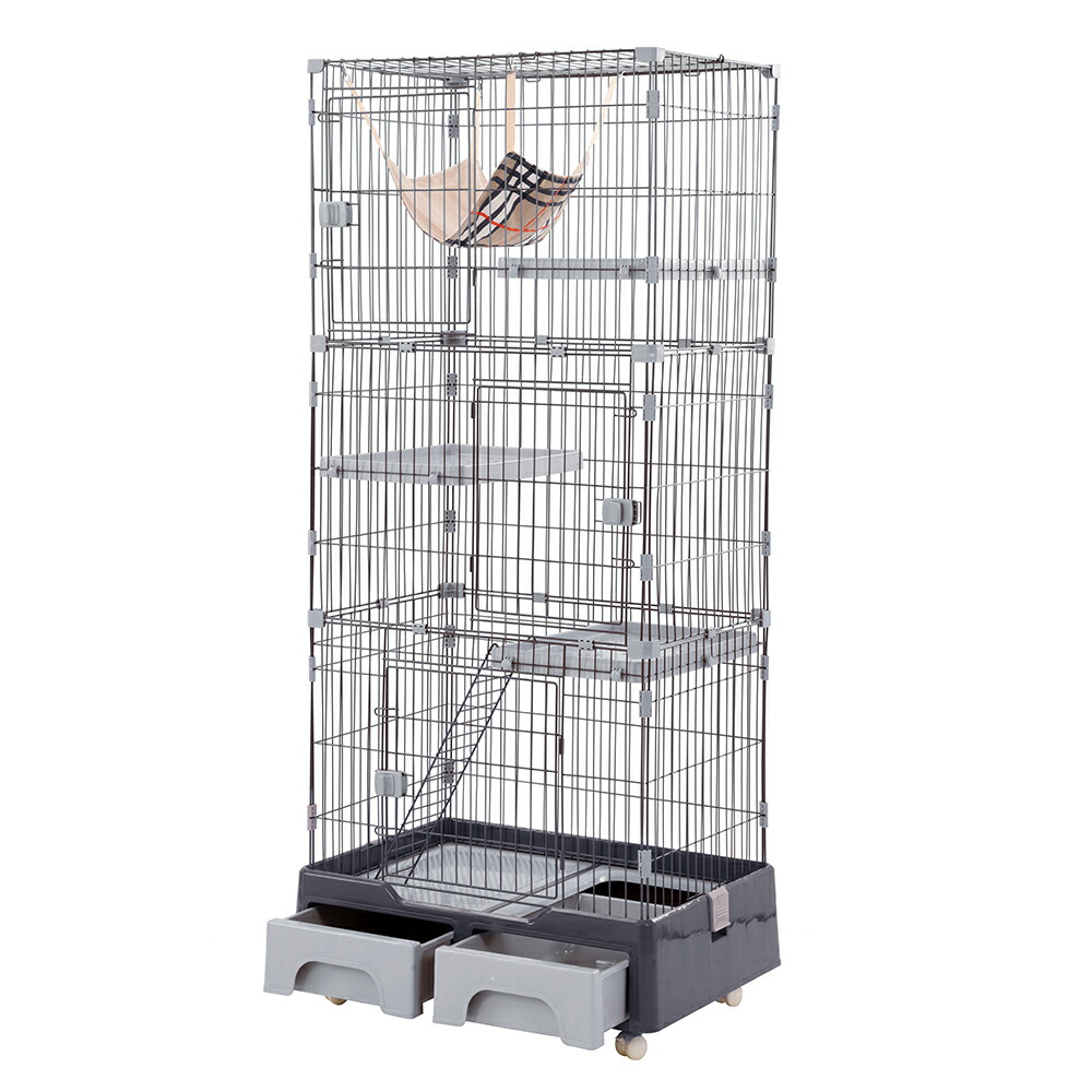 純正・新品 猫キャスター付猫ゲージ 3段 キャットケージ ハンモック付 