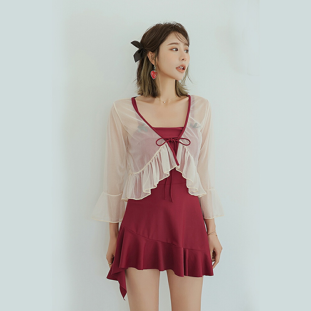 Alp 水着 レディース ワンピース オールインワン水着 アウター付き 2点セット ノンワイヤー パット入り M L Xl 体型カバー アシメフリル フリルスリーブ 細見え シフォン生地 大人 キュート 美脚 足長 無地 海 プール メール便y Jurisaxis Com
