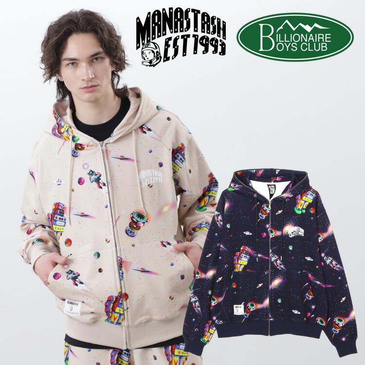 【MANASTASH】×BILLIONAIRE BOYS CLUB/ BBC REAL SPACE ZIP HOODIE/ビリオネアボーイズクラブ/リアルスペースフーディートップス パーカー 流汗 流汗 ジップ 総柄 S~XL 米国海軍 ベージュ 共同研究 ファレル