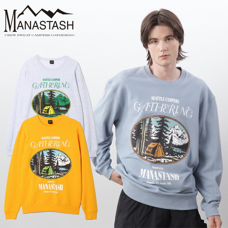 【MANASTASH】MANASTASH/マナスタッシュ/CREW SWEAT CAMPERS GATHERING/スウェットキャンプゲート トップス 長袖 トレーナー グレー イエロー ブルー S~XL プリント キャンパー カワイイ 25ss 春夏 新作