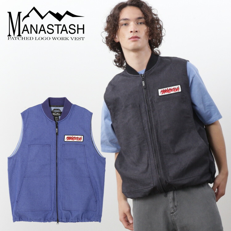 【MANASTASH】MANASTASH/マナスタッシュ/PATCHED LOGO WORK VEST/パッチドロゴ ワークベスト トップス アウター レイヤード 重ね着 ブラック ブルー S~XL シンプル カワイイ 25ss 春夏 新作