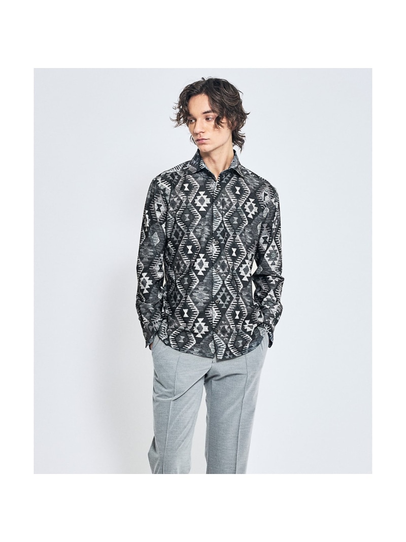 【SALE／30%OFF】360&deg;ストレッチ ゴブラン柄 ジャージーシャツ / 総柄シャツ ABAHOUSE LASTWORD アバハウス トップス シャツ・ブラウス グレー ブラウン【RBA_E】【送料無料】[ Fashion]｜ABAHOUSE ONLINE