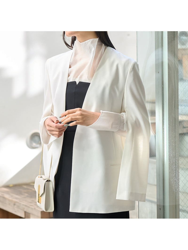【SALE／40%OFF】ノーカラースリットスリーブジャケット Rouge vif la cle ルージュ・ヴィフ ラクレ ジャケット・アウター 否色つや上衣 黒いこと 白いこと【RBA_E】【貨物輸送無料】[ Fashion]