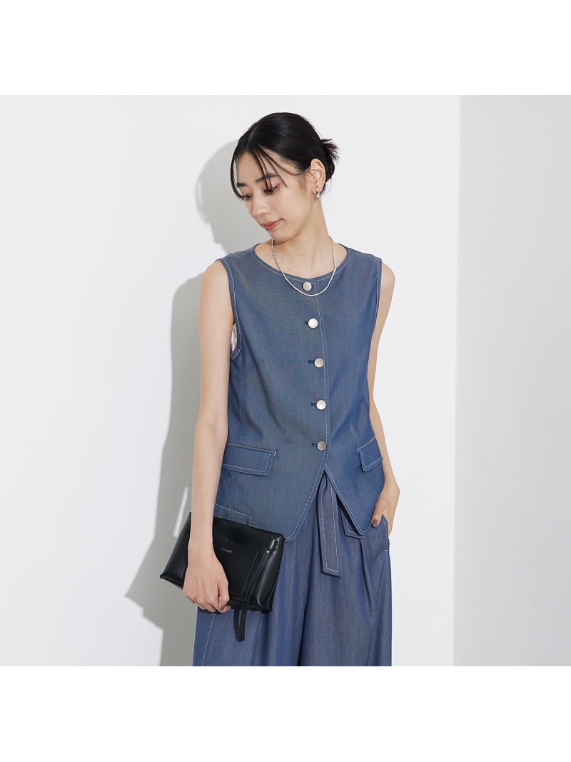 【SALE／50%OFF】テンセルデニムノースリーブ qualite カリテ トップス キャミソール ブルー ホワイト【RBA_E】【送料無料】[ Fashion]
