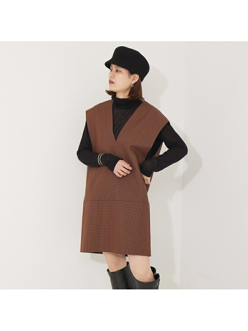 【SALE／30%OFF】チェックVネックワンピース Rouge vif la cle ルージュ・ヴィフ ラクレ ワンピース・ドレス チュニック ブラウン【RBA_E】【送料無料】[ Fashion]