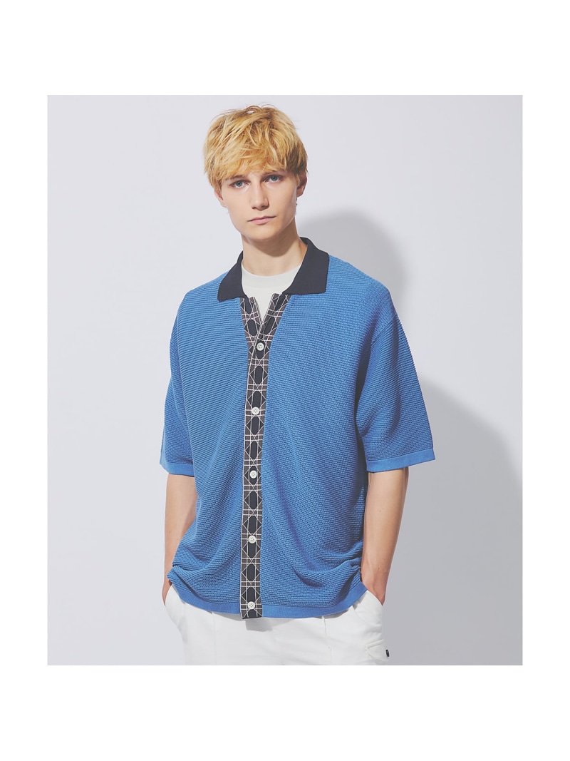 【SALE／40%OFF】ワークパターン ニット 半袖シャツ / カーディガン DESIGNWORKS デザインワークス トップス ニット ブルー ブラック【RBA_E】【送料無料】[ Fashion]｜ABAHOUSE ONLINE