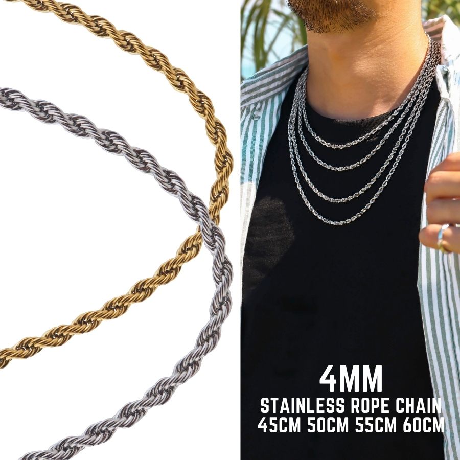 【1980円が今だけ1000円】【送料無料】ネックレス メンズ ロープチェーン ステンレス 幅4ｍｍ 長さ 45cm 50cm 55cm  60cm 金属アレルギー対応 シンプル ゴールド シルバー abalent