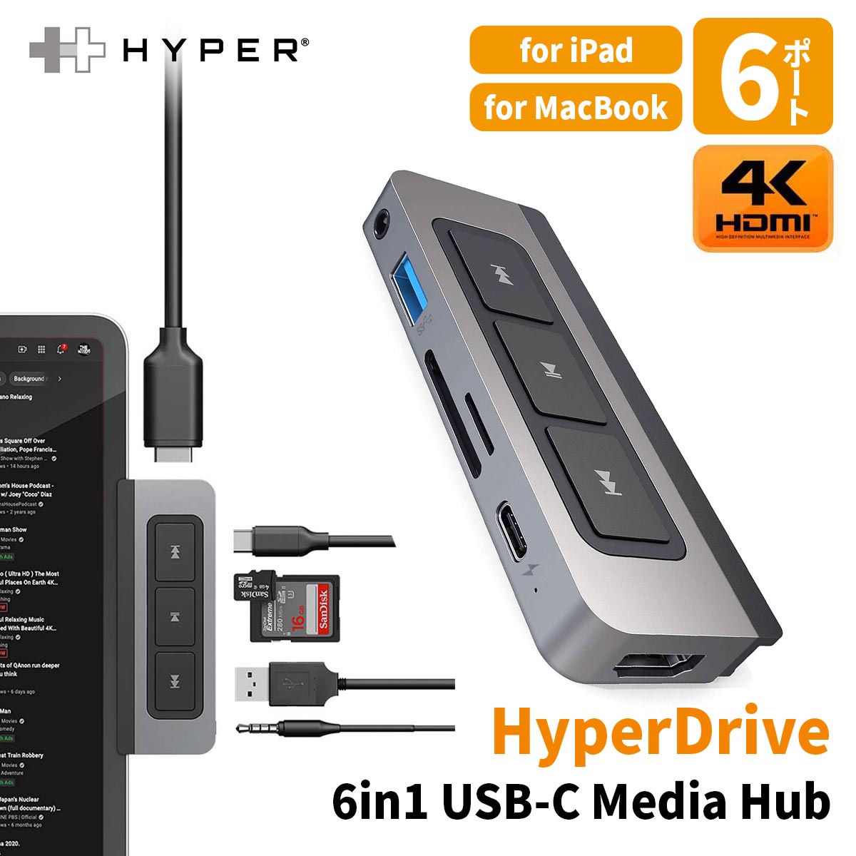 HYPER、3ボタン拡張！音楽・動画を自由に操作できる iPad用USB-Cハブ