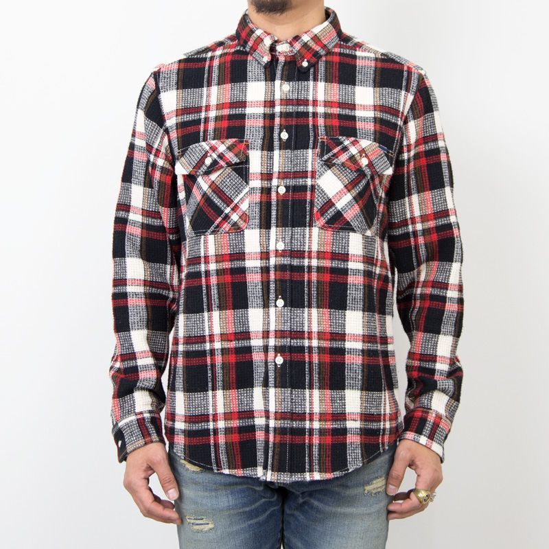TURN ME ON(ターンミーオン)ワッフルチェックL/Sシャツ(RED) (MENS)M/Lサイズ 送料無料|Abbot kinney