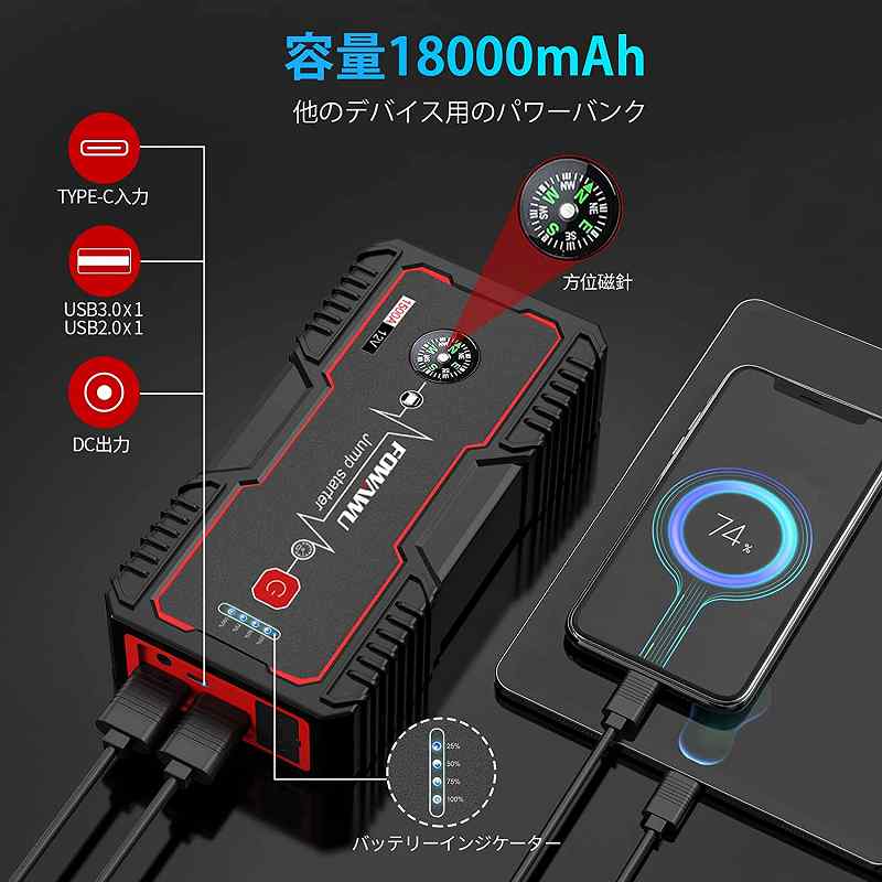 公式】 FOWAWU ジャンプスターター 18000mAh大容量1500Aピーク電流 7Lガソリン車 5.5Lディーゼル車対応 35回 12V  車用エンジンスターター バッテリー ブースターケーブル車緊急始動 LED緊急ライト 搭載 二年保証 PSE認証 日本語取扱説明書 ブラック  www.numberz.co