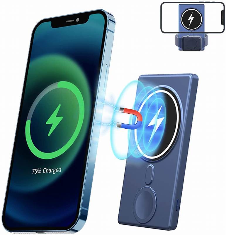 ワイヤレス モバイルバッテリー 大容量 小型 5000mAh 磁気式モバイルバッテリー Qi充電 USB-Cポート 急速充電 携帯バッテリー スマホ充電器 LED残量表示 iwatch対応 iPhone 13 13 Mini 13 Pro 13 Pro Max iPhone 12対応