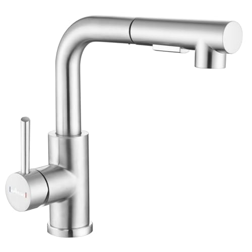 APPASOバーシンク蛇口、引き出し式スプレーステンレス鋼付きブラシ付きニッケルキッチン蛇口、モダンなシングルハンドルバスルームユーティリティ蛇口、RVキャンピングカー屋外トイレ用プルダウンスプレー小型蛇口