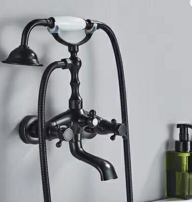 浴槽水栓 レインシャワー 節水 シャワー製品 壁付水栓 シャワー水栓 ハンドシャワー付き ミキサータップ 浴槽の蛇口 シャワーミキサー,金,黒ブロンズメッキ加工 真鍮 アンティーク シャワー水栓【色 ブラック-ホワイトハンドル】|abc通販