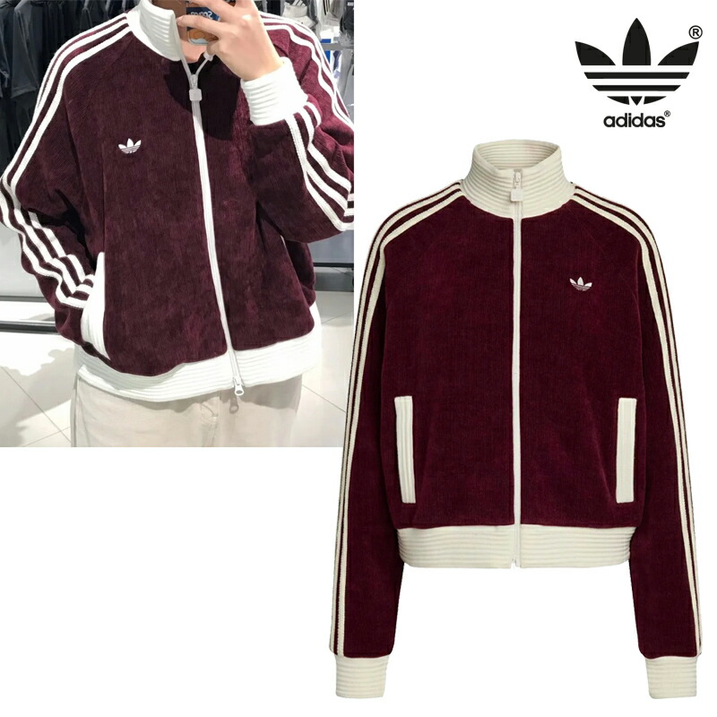 ★送りとどける無料★ [ADIDAS ORIGINALS] KS0400 VELOUR KNIT TRACK TOP 25FW 新作 ベロアトラックトップ 3縞模様 形づくる上衣 メンズライクシルエット 秋冬あったか ユニセックスジャージ風 デイリーコーデにおすすめ