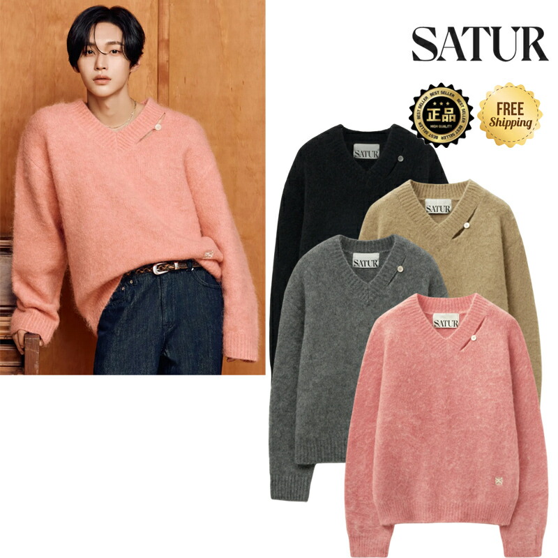 ★送りとどける無料★ [SATUR] SA254MKT18 Essen Two Tone Mohair Blend Knit 25FW 新作 RIIZE着付ける モヘヤ Vのど首 バイ色つや ふわもこ 起毛 保温 好いたらしいめ 通い 秋冬 レディース コーデ買って出る ズボン下 スコート 大層らしい大きさ 手当たり 雅びやか