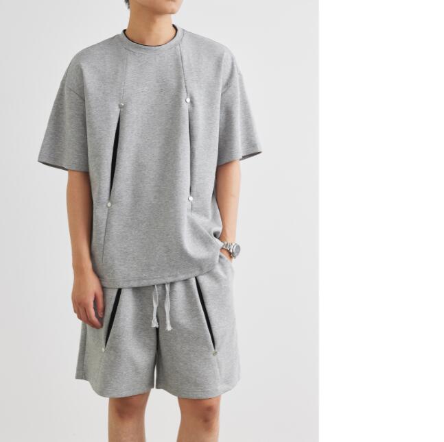 メンズ セットアップ 半袖Tシャツ ハーフパンツ 上下セット ジャージ風 スウェット ルームウェア スポーツウェア カジュアル 夏服 涼しい おしゃれ 部屋着 外出 ワンマイルウェア グレー ジム 運動 快適 大きいサイズ M L XL XXL 3XL｜ＡＢＣＺショップ