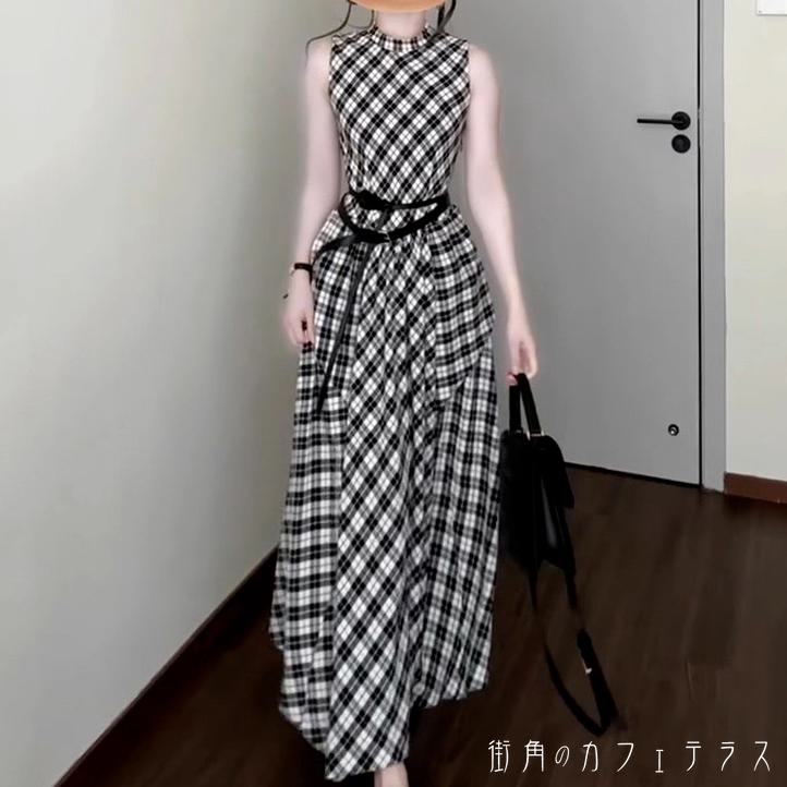 ロングワンピ ノースリーブ Uネック Aライン フレア プルオーバー 薄手生地 エレガント 可愛い 大人可愛い きれいめ シンプル カジュアル シック コンサバ 華やか 大人 上品 おしゃれ お洒落 主役級 こなれ感 チェック柄 夏 レディース 女性用 ママ 20代 30代 40代 デート