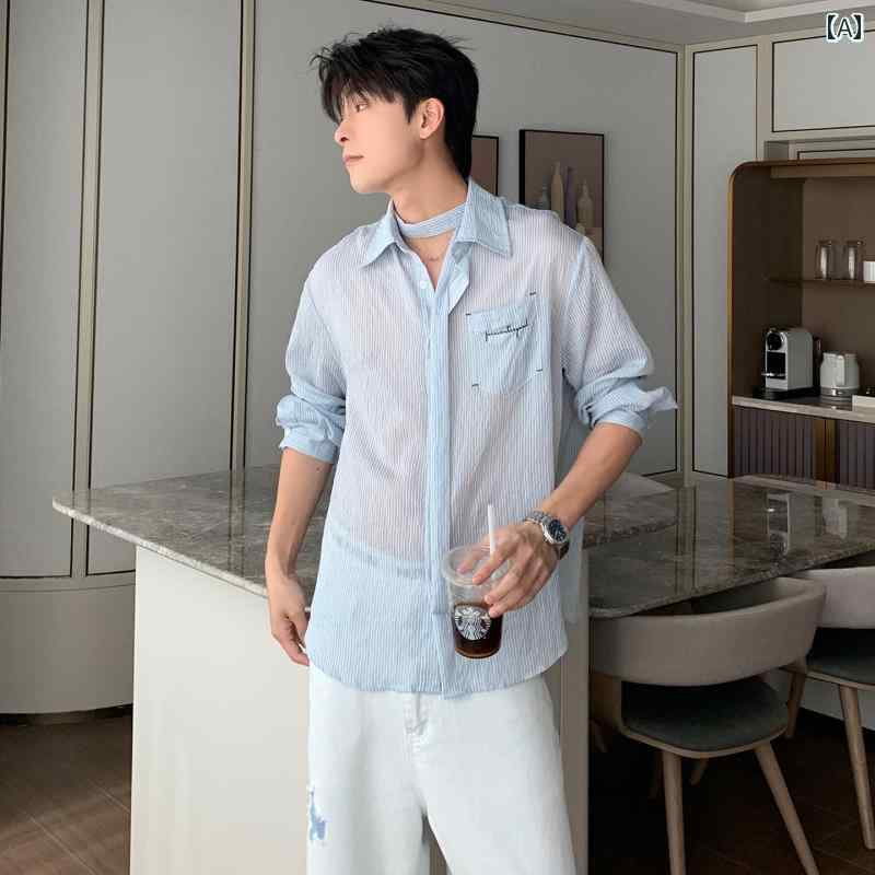 メンズ 流行り物 春夏 秋冬 かっこいい オシャレ モテ 成人男性用 成人男性服  服 韓国 分かりやすい 成年者 夏用   砂浜お召しもの   ボーイズ   薄っぺら   縞模様   日焼押しとどめる   長袖   プルオーバー   心地よい   シアサッカー   プルオーバー