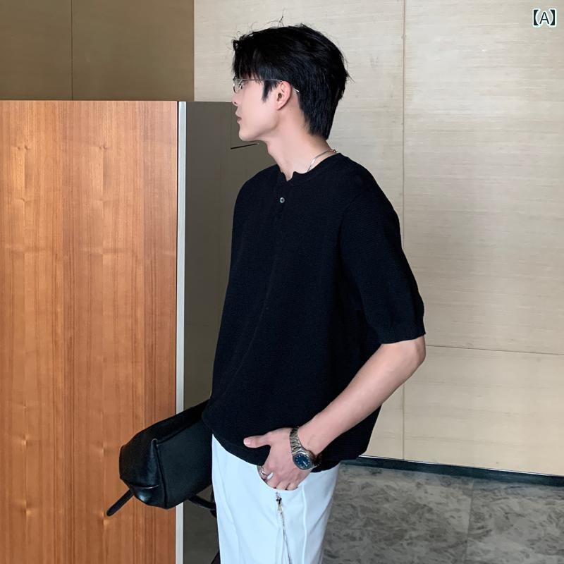 メンズ 流行り物 春夏 秋冬 かっこいい オシャレ モテ 成人男性用 成人男性服  服 韓国 分かりやすい 成年者     薄っぺら   編み物   トップス   半袖   T   プルオーバー