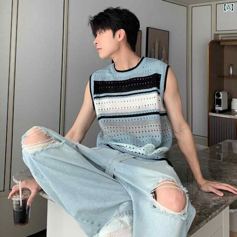 メンズ 流行り物 春夏 秋冬 かっこいい オシャレ モテ 成人男性用 成人男性服  服 韓国 分かりやすい 成年者 アウター   縞模様編み物   より良い   メンズ   ノースリーブ   T   プルオーバー   心地よい   トップス