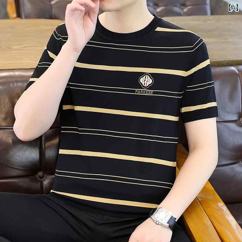 メンズ 流行り物 春夏 秋冬 かっこいい オシャレ モテ 成人男性用 成人男性服  服 韓国 分かりやすい 成年者 軽々しく   成年者   熱っぽい   冷感   編み物   半袖   ハイエンド   レトロ   か細い填まる   縞模様   半袖   T   プルオーバー   御前上等感