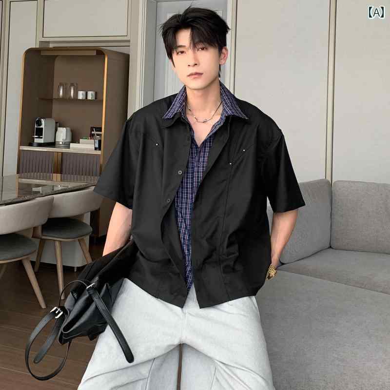 メンズ ファッション 春夏 秋冬 かっこいい オシャレ モテ 男性用 紳士服 服 韓国 シンプル 大人 夏用 フェイク ツーピース カジュアル 半袖 シャツ 男の子用 クリーン フィット シャツ