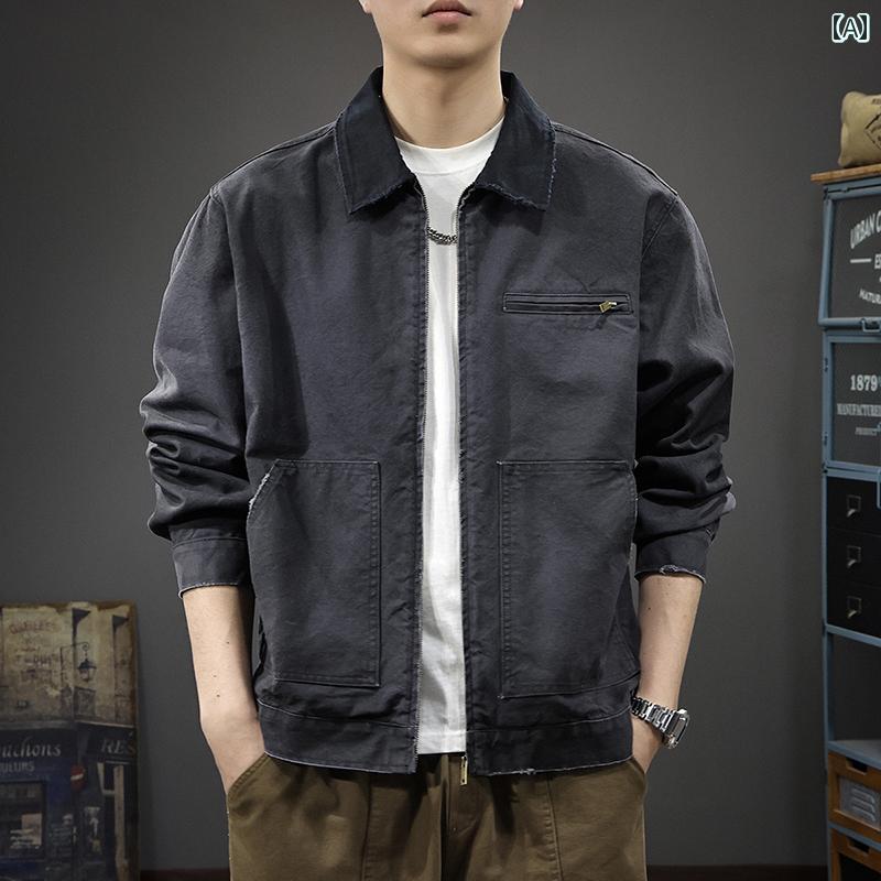 メンズ ファッション 春夏 秋冬 かっこいい オシャレ モテ 男性用 紳士服 服 韓国 シンプル 大人 ヘビー コットン ワークジャケット アメリカン ウォッシュ コントラスト カジュアル コート 10,594円