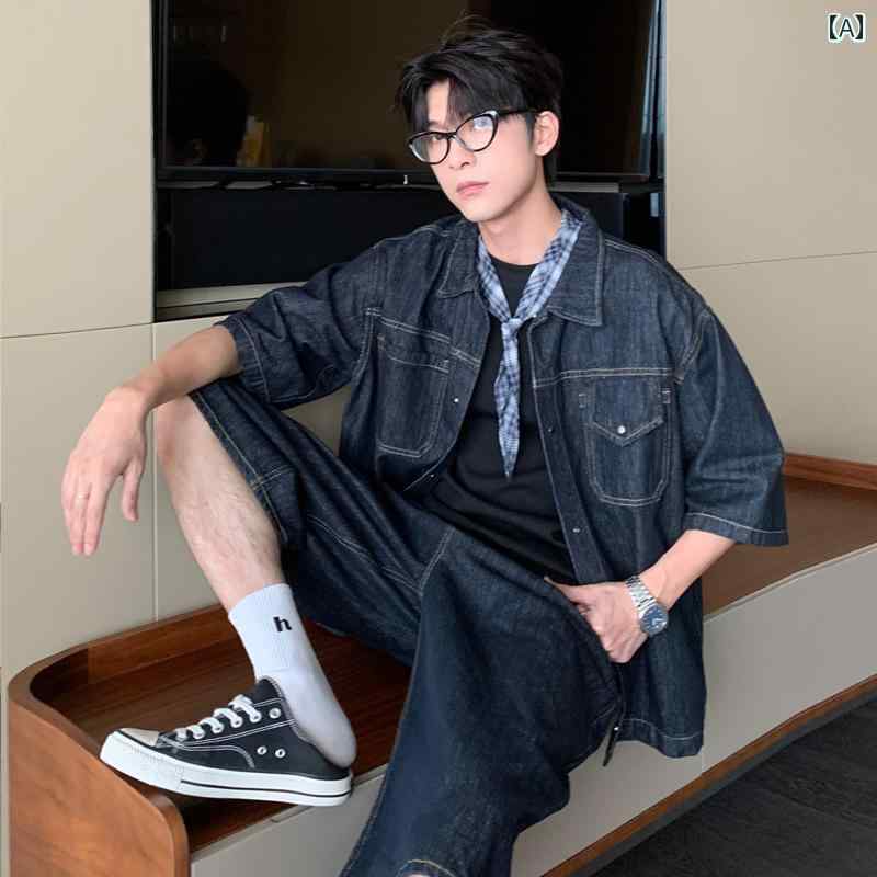 メンズ ファッション 春夏 秋冬 かっこいい オシャレ モテ 男性用 紳士服 服 韓国 シンプル 大人 綿 デニム 半袖 ショート パンツ スーツ ウェア 夏服