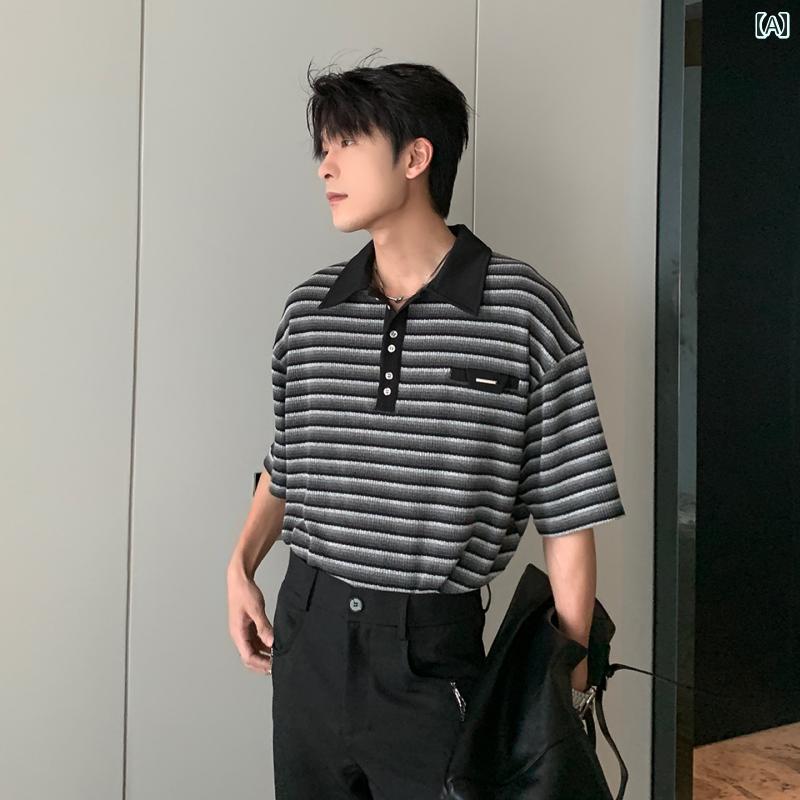 メンズ 流行り物 春夏 秋冬 かっこいい オシャレ モテ 成人男性用 成人男性服  服 韓国 分かりやすい 成年者      夏用   シワ   押しとどめる   縞模様   半袖   スポーツシャツ   ハイエンド   トップス   T   プルオーバー