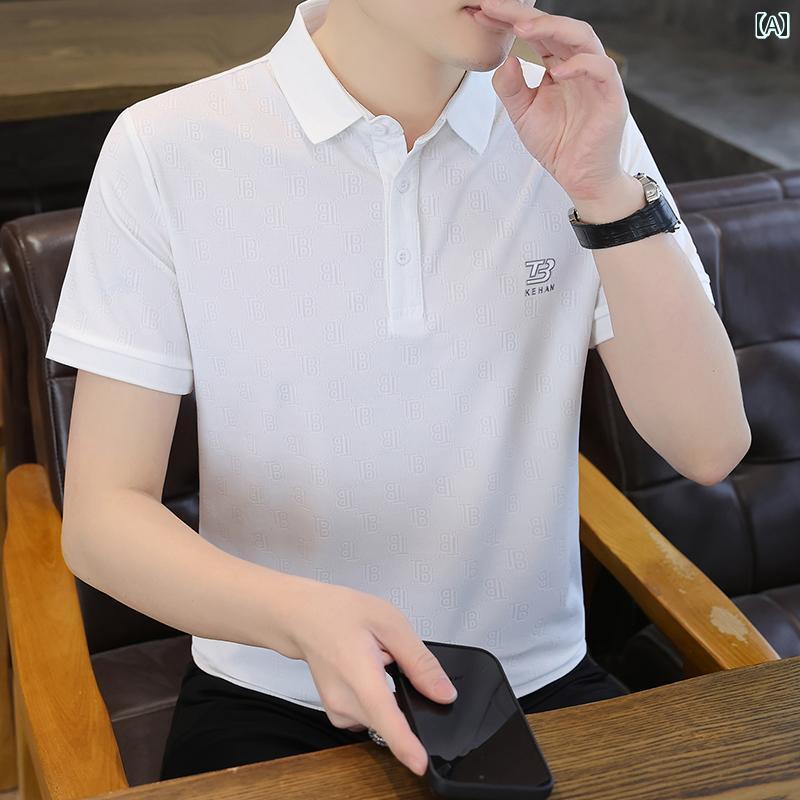 メンズ ファッション 春夏 秋冬 かっこいい オシャレ モテ 男性用 紳士服  服 韓国 シンプル 大人 高級   ダーク   パターン   半袖   ポロシャツ   夏用   ハイエンド   カジュアル   ビジネス   通勤   T   シャツ   スリムフィット   半袖