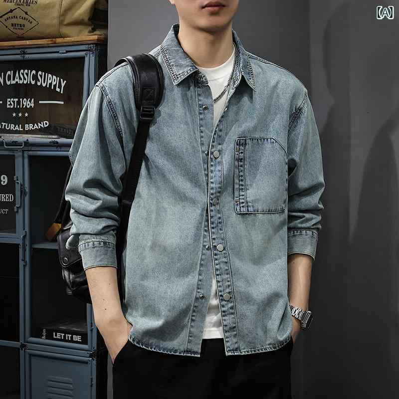 メンズ 流行り物 春夏 秋冬 かっこいい オシャレ モテ 成人男性用 成人男性服  服 韓国 分かりやすい 成年者     リヨ独居室   テンセルデニム   プルオーバー   レトロ   ウォッシュ   長袖   プルオーバー   アメリカン   心地よい   上衣