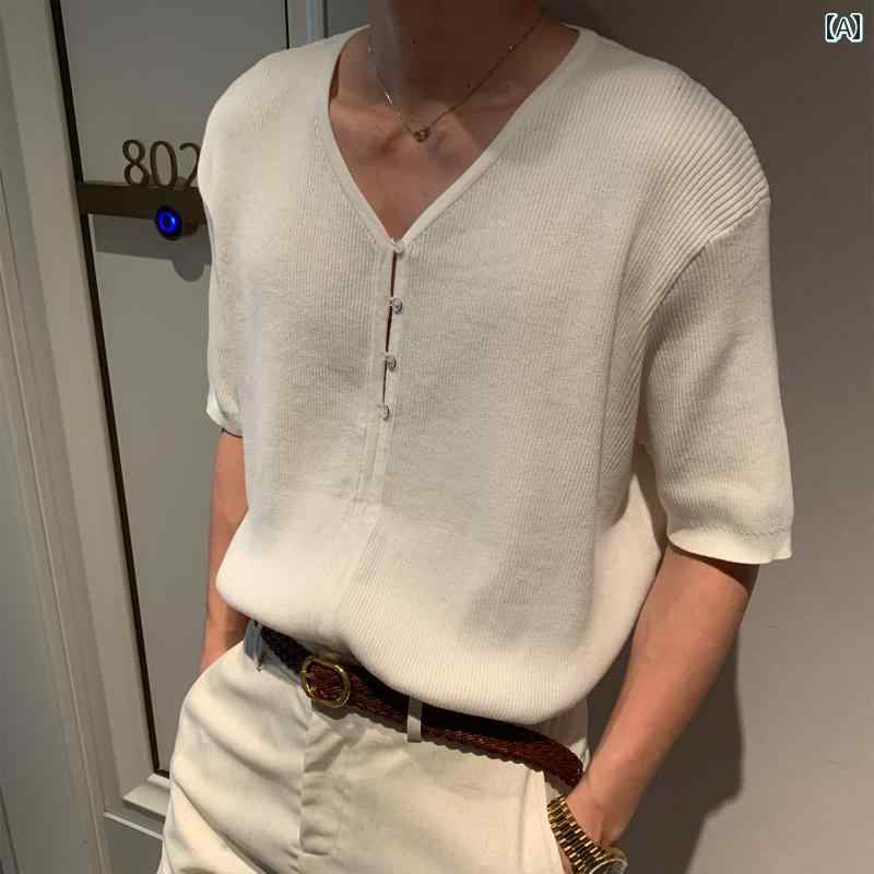 メンズ ファッション 春夏 秋冬 かっこいい オシャレ モテ 男性用 紳士服 服 韓国 シンプル 大人 夏用 ハーフ カーディガン Vネック 綿 T シャツ 半袖 トップス クリーン フィット T シャツ｜あべ商会　店