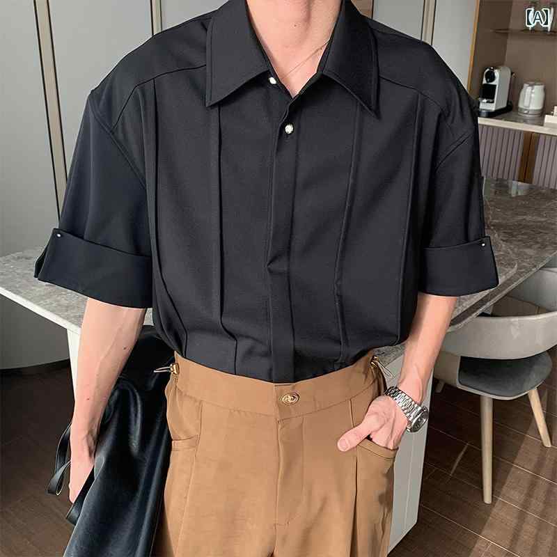 メンズ ファッション 春夏 秋冬 かっこいい オシャレ モテ 男性用 紳士服 服 韓国 シンプル 大人 半袖 シャツ ゆったり カジュアル シャツ ドレープ トップ