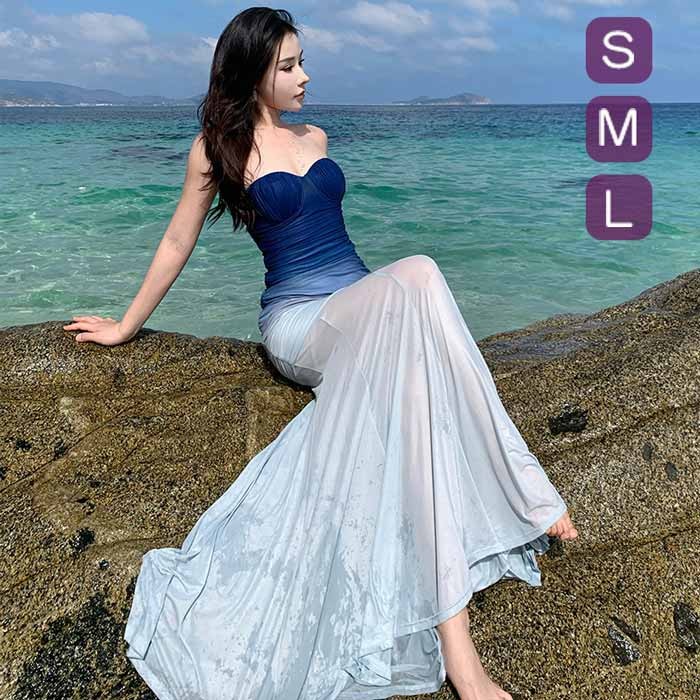 人魚姫 ドレス ロング丈 グラデーション ブルー ワンピース パーティードレス 仮装 袖なし S M L 大人 20代 30代 40代 可愛い お洒落 小柄 ふんわり フェミニン 薄手 リゾートファッション m3m6