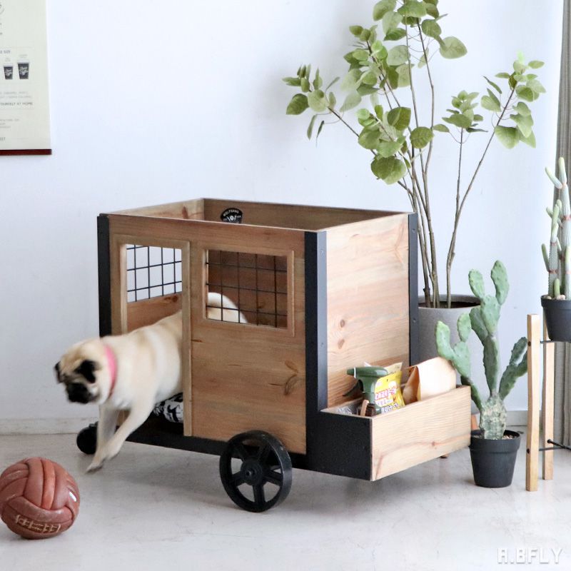 無料発送 ペット キャビン ワゴン ペットハウス ドッグハウス 犬小屋 犬ケージ ゲージ 室内 ベッド 収納棚 ワンちゃん 愛犬 イヌ 犬用 猫用 ねこ キャット 無垢 天然木 車輪 キャリー インダストリアル アンティーク ヴィンテージ ブルックリン アメリカン Fucoa Cl