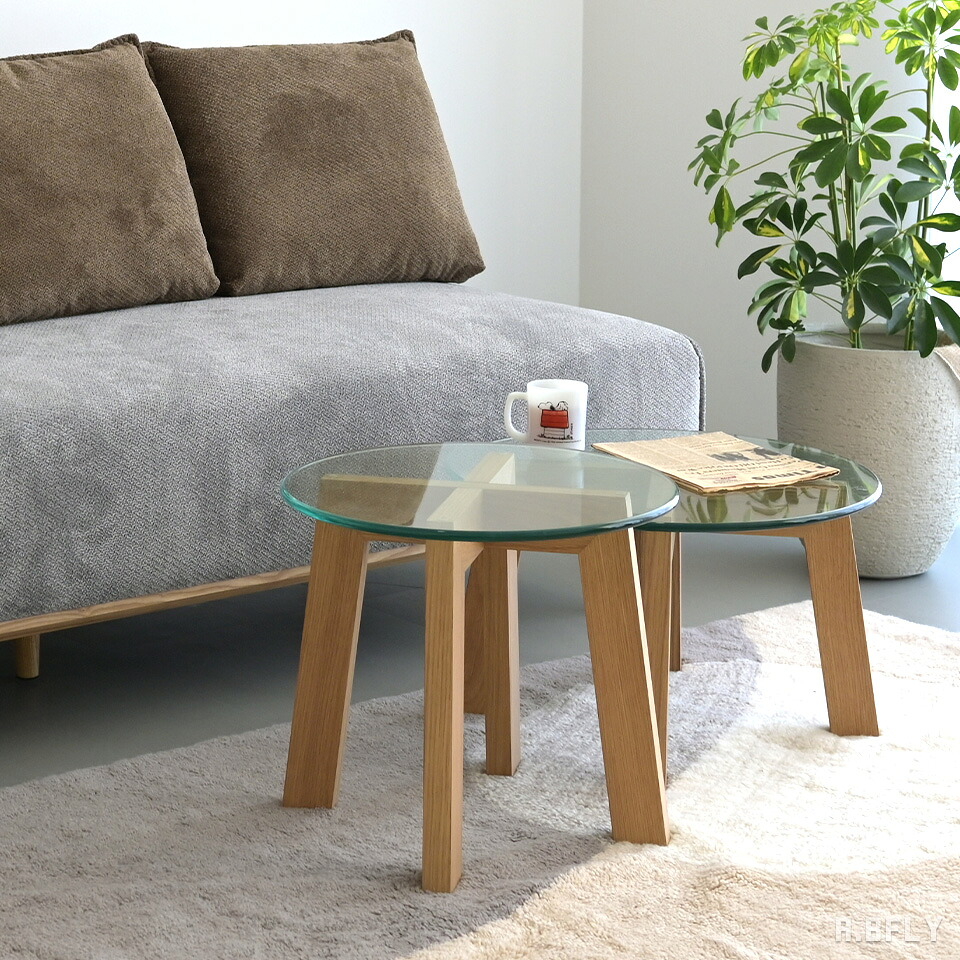 【マラソン限定|最大6,000円OFFクーポン】ネストテーブル ガラステーブル 丸 2サイズ セット 55cm 45cm ラウンド 強化ガラス 飛散防止フィルム オーク突板 MDF 木製脚 アジャスター付き ナチュラル モダン 北欧|A.BFLY ア.ビーフライ
