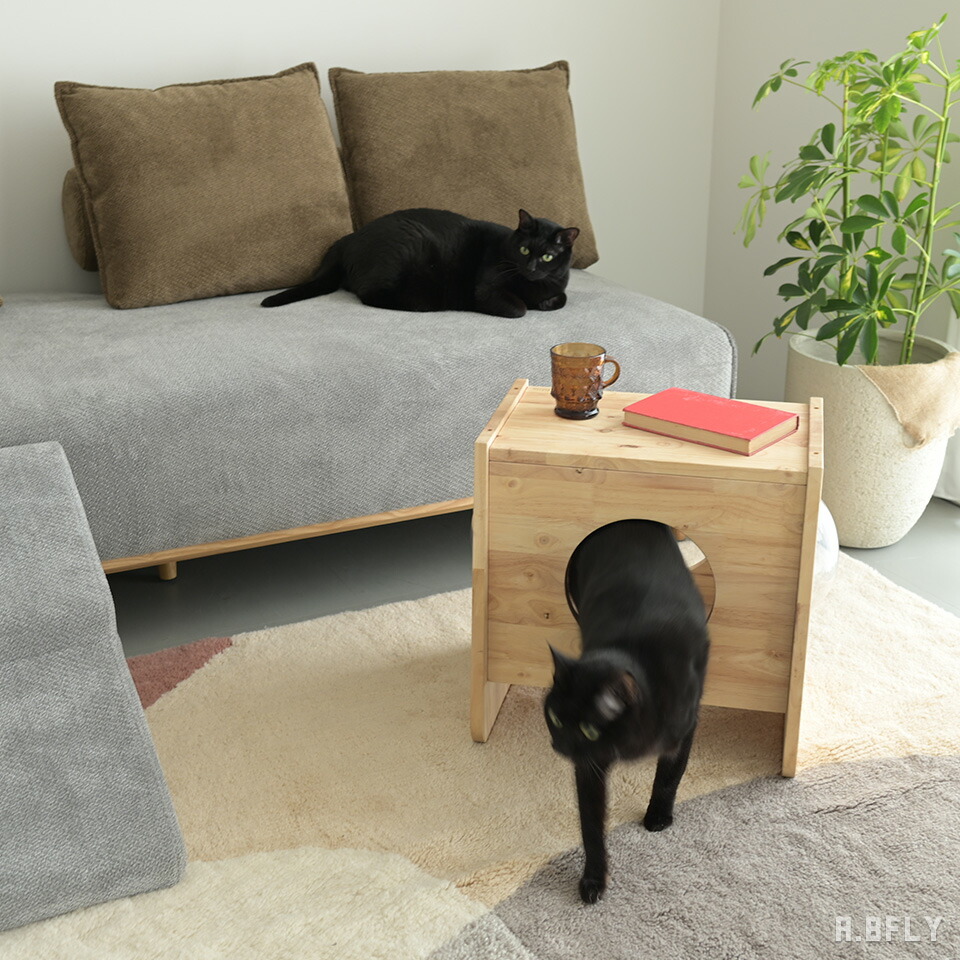 【マラソン限定|最大6,000円OFFクーポン】サイドテーブル 猫用 キャットボックス 透明ボウル付き ラバーウッド 多機能 収納兼ハウス 2台重ね対応 連結用木ダボ付き 組立品 ペットと暮らす キャットキューブ|A.BFLY ア.ビーフライ