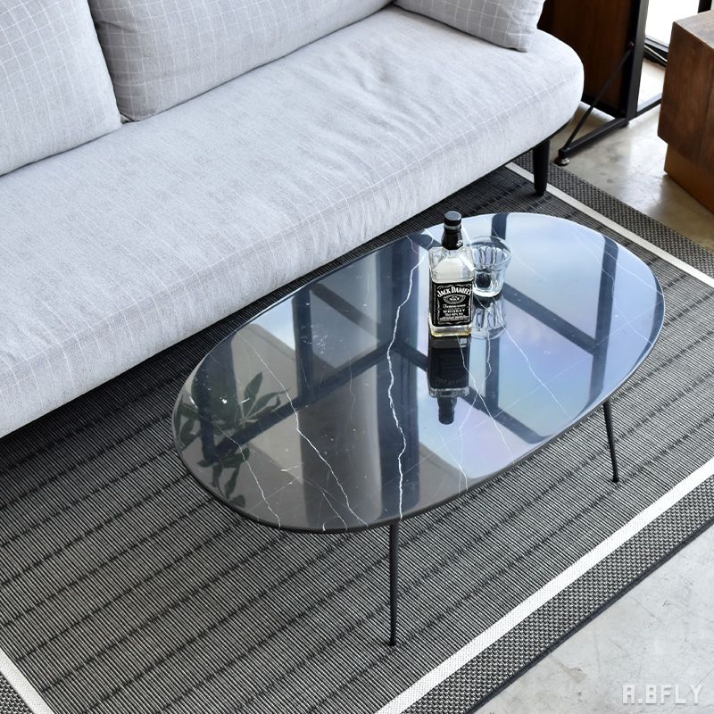 【マラソン限定｜最大6,000円OFFクーポン】大理石 楕円形 幅100cm 100x60 ローテーブル コーヒーテーブル ブラック 光沢 艶 スチール脚 なぐり加工 天然 黒大理石 ゼブラカルニコ モダン スタイリッシュ｜A.BFLY ア.ビーフライ 37,180円