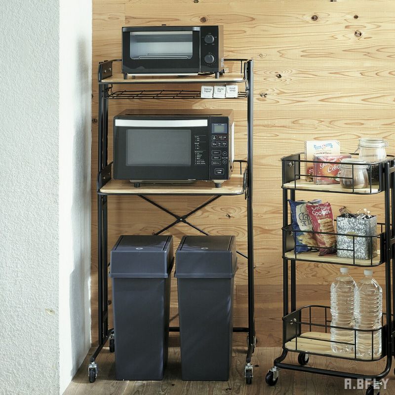 【最大6,000円クーポン配布中】キッチンラック レンジボード 電子レンジ マイクロウェーブ スチールラック 省スペース キッチン収納 レトロ ポップ スチール アイアン 西海岸テイスト インダストリアル 台所収納 ゴミ箱 ダストボックス 分別 お洒落 万能ラック マルチラック