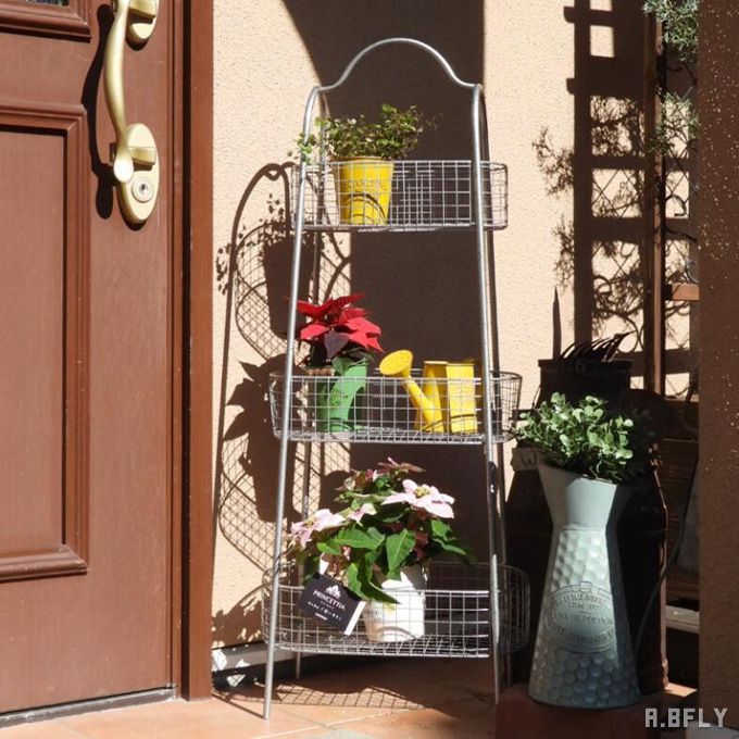 ステップスタンド ワイヤーバスケット 3ステップ 縦長 ガーデニング キッチン収納 持ち手 ハンドル スチール製 鉢 プランター 収納 ガーデン用品収納 エクステリア グリーン フラワーアレンジメント 玄関 省スペース お洒落 店舗 ショップ 什器 花 フラワー スタンド 鉢