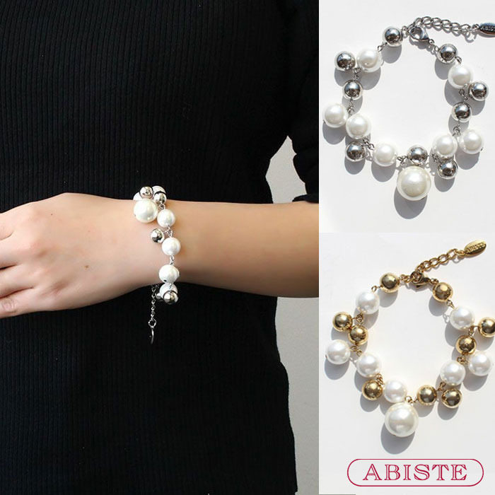【マラソン限定☆最大2,000円OFF☆】ABISTE パールボール&times;メタルボールブレスレット/4250009 ブランド アビステ おしゃれ パール 大ぶり パーティー クルーズ ディナーショー シルバー ゴールド 大人映え｜ABISTE　店