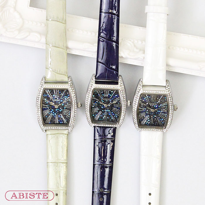 【マラソン限定☆最大2,000円OFF☆】ABISTE ブルークリスタルガラストノーデザインベルト時計/9240002 一年動作保証付き ブランド アビステ 3ATM ご褒美買い 華やか|ABISTE 店
