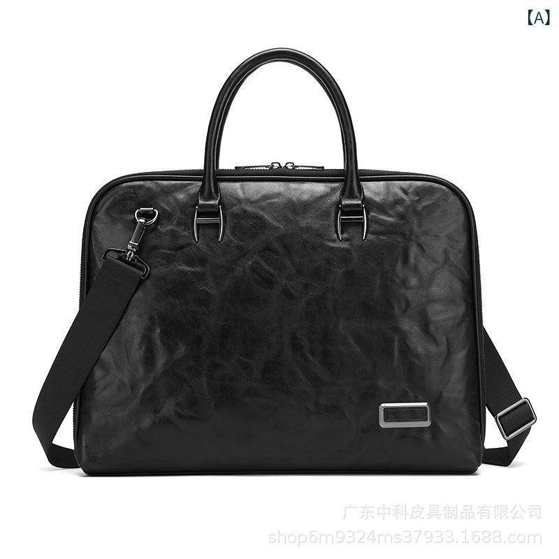 本革 メンズ ブリーフケース 牛革 第一層 トップレザー 斜めがけ 肩掛け 手さげ 自立 木紋 シワ 加工 大容量 16インチ PC 防水 負担軽減 手掴み 黒 おしゃれ かっこいい ビジネス 旅行 ギフト プレゼント 送料無料