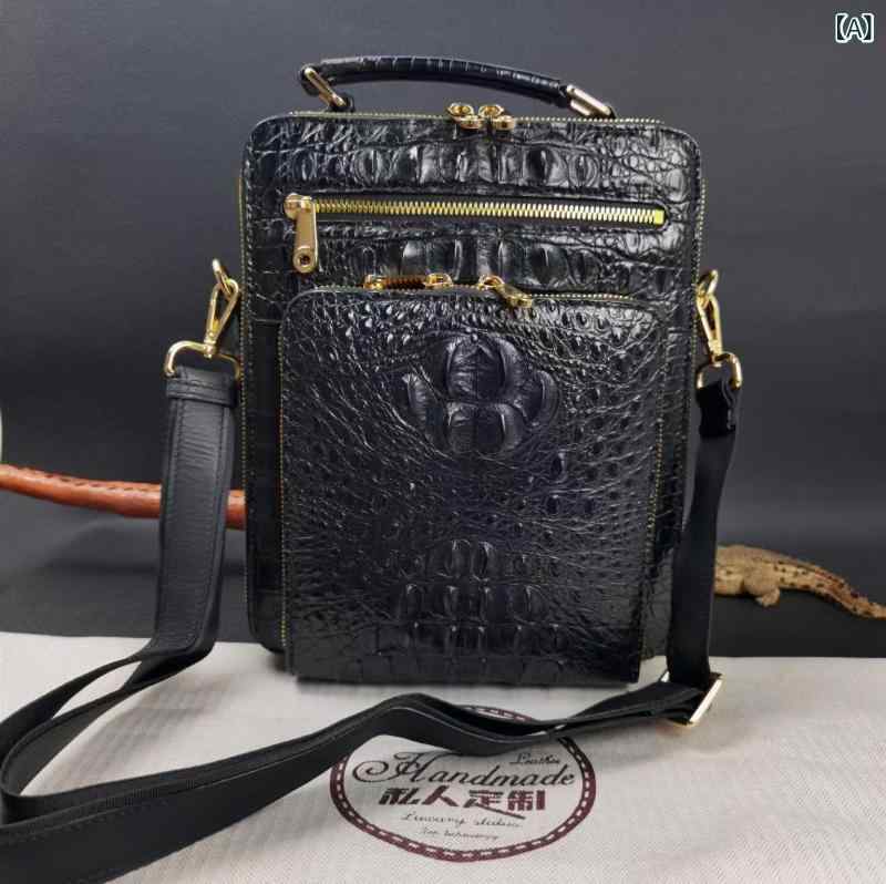 新商品 本物 ワニ 皮 クロコダイル レザー メンズ ショルダーバッグ 裏地 本革 斜め掛け 手さげ ハンドバッグ 縦型 ファッション カジュアル 黒 おしゃれ かっこいい 都会派 ギフト 送料無料|アクセルジャパン