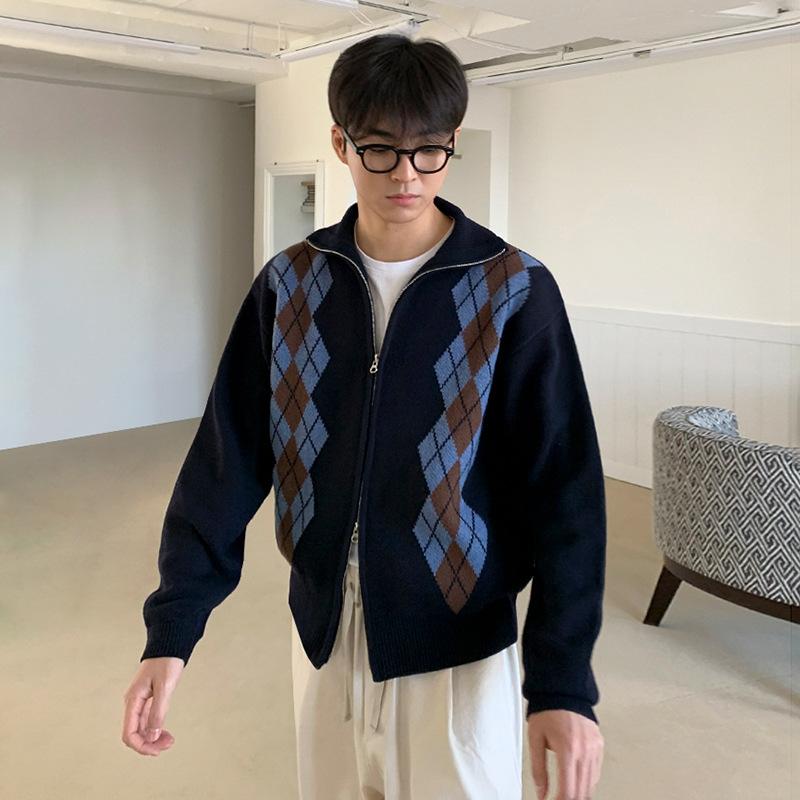 ニットカーディガン メンズ 秋冬 韓国 ゆったり ジッパー 菱形格子パターン セーター アウター フィット リラックススタイル 暖か素材