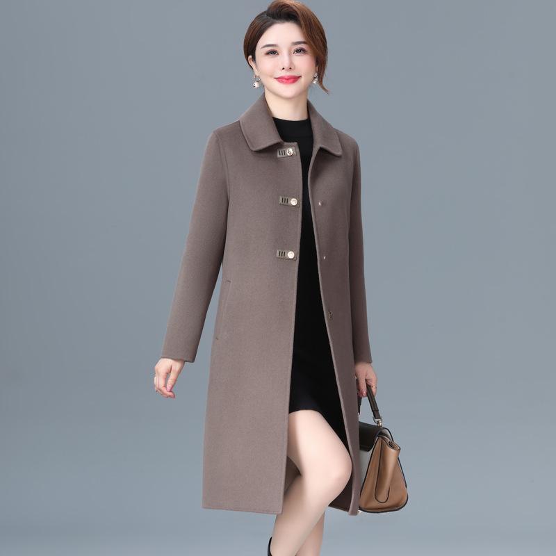 レディース コート 中年女性用 ママコーデ ダブルフェイス ミドルロング丈 秋冬 ウール アウター 上品 暖かみ 軽量 伸縮性 再生繊維 ブラック グレー系