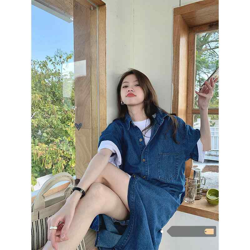 衣装 成人女性用 レトロ ジーンズ 襟付き添い人 プルオーバー 春夏 ゆったり ビッグ影ぼうし か細い 自然的 中長丈 心地好い 普段使い走り デイリー 綿織物混 通気性 軽さ