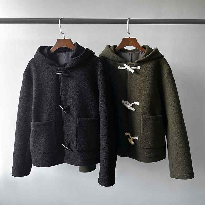 ウール ジャケット レトロ プレッピー フード付き 木製ボタン ストレートシルエット 厚手 羊毛 秋冬 暖か テクスチャー 肌触り
